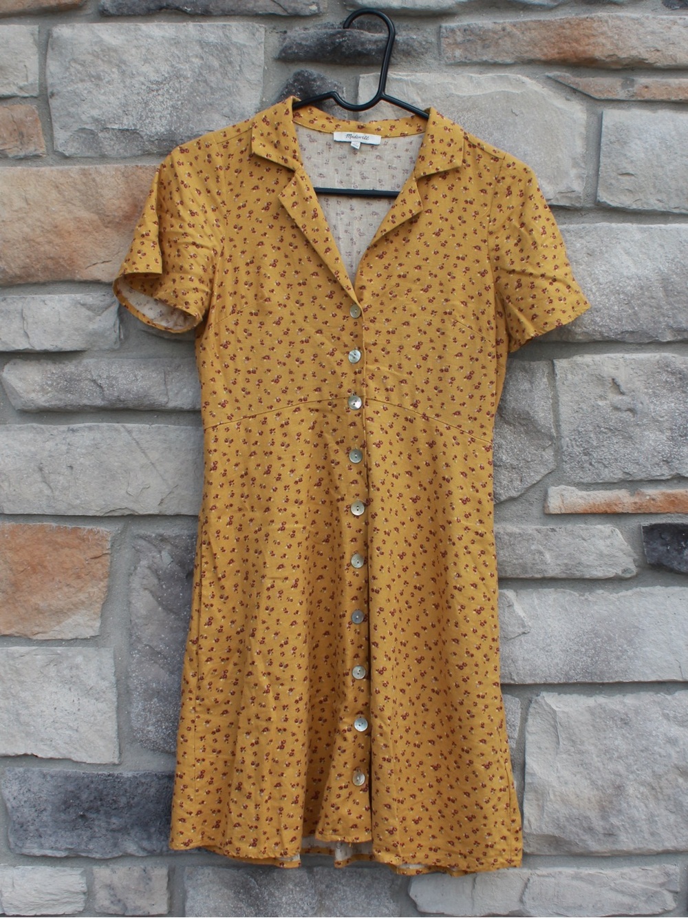 Madewell Linen Mustard Yellow Ditsy Button-Front Short Sleeve Dress